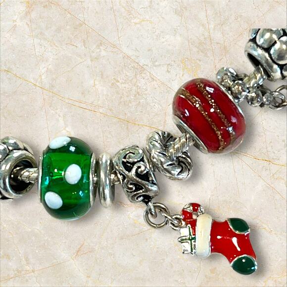 Silver-tone Christmas Charm Bracelet Holiday European Style Slider Glass Beads - Picture 4 of 11